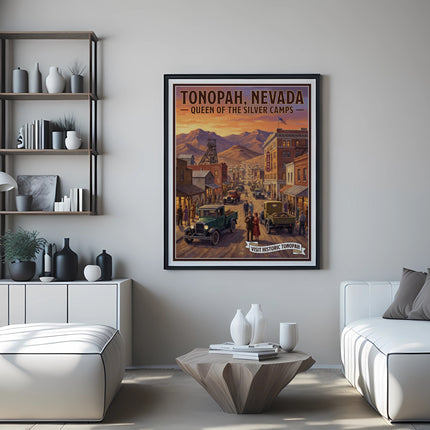 Vintage poster of Tonopah, Nevada with "Queen of the Silver Camps" text.