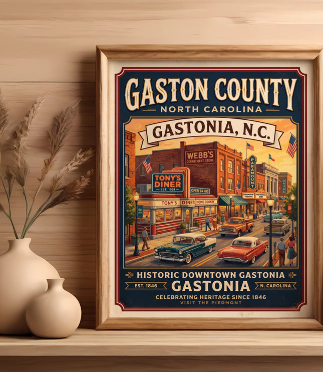 Framed vintage illustration of historic downtown Gastonia, North Carolina.