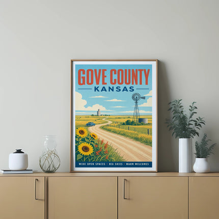 Gove County, Kansas travel poster with sunflowers, windmill, and car on country road.