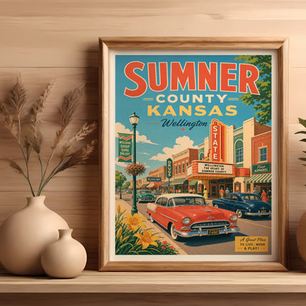 Retro travel poster for Wellington, Kansas, featuring a street scene with classic cars.