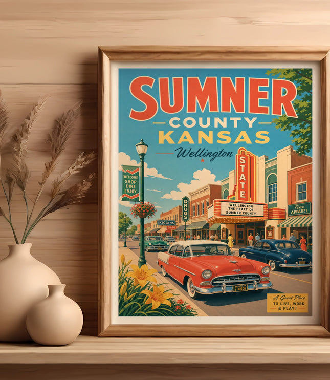 Retro travel poster for Wellington, Kansas, featuring a street scene with classic cars.