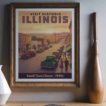 Vintage Illinois travel poster depicting a small town street scene with cars.