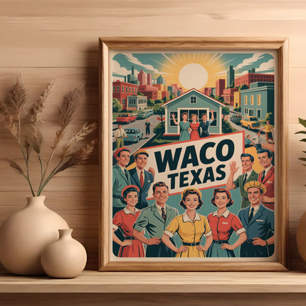 Retro illustration of smiling people and a street scene in Waco, Texas.