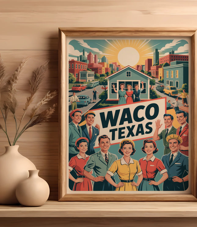 Retro illustration of smiling people and a street scene in Waco, Texas.