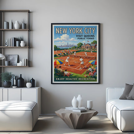 Vintage New York City poster for Public Tennis in Queens, showing people playing.