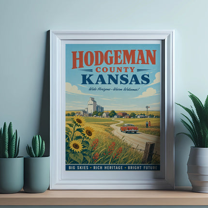Hodgeman County, Kansas vintage travel poster with farm scene and text.