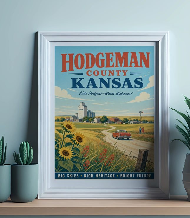 Hodgeman County, Kansas vintage travel poster with farm scene and text.