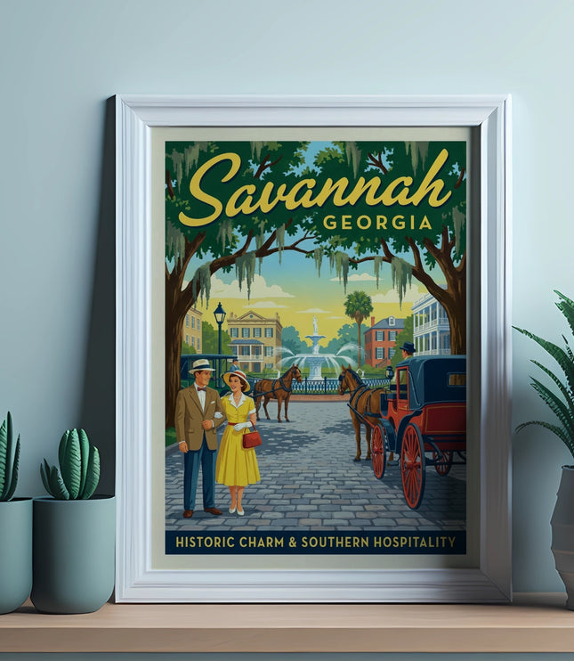 Savannah Georgia vintage travel poster with couple and horse-drawn carriage.