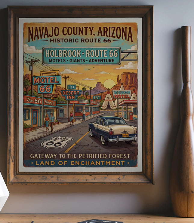 Navajo County Arizona Route 66 vintage poster with motels, desert, and car.