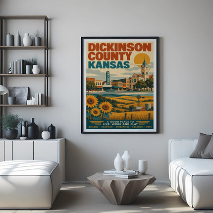 Poster for Dickinson County, Kansas, featuring Abilene and farm scenery.