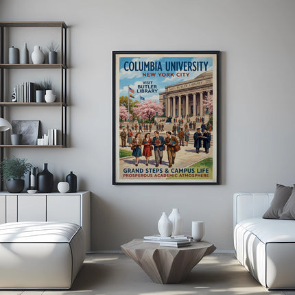 Poster for Columbia University's Butler Library, showing students on grand steps.