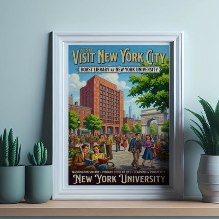 New York University Bobst Library vintage travel poster with city landmarks.