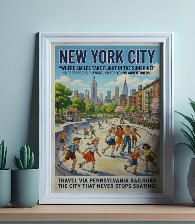 New York City vintage travel poster featuring children roller skating with city skyline.