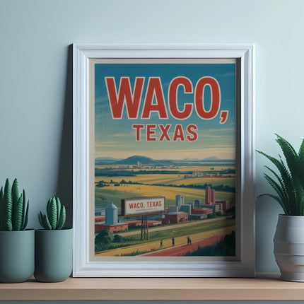 Framed "Waco, Texas" poster with city skyline and cacti decor.
