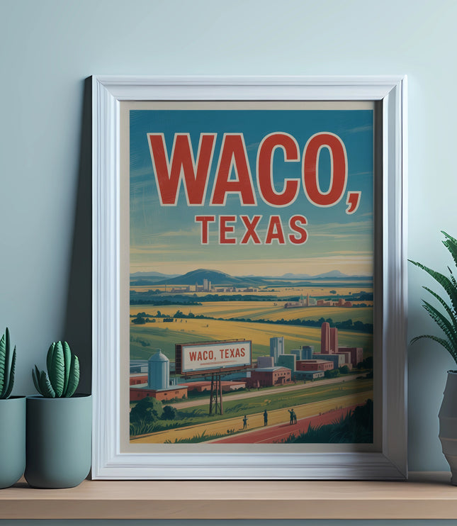 Framed "Waco, Texas" poster with city skyline and cacti decor.