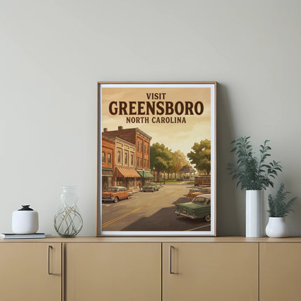 Poster showing "Visit Greensboro North Carolina" with vintage cars and buildings.