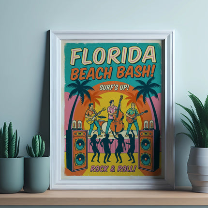 Framed poster of Florida Beach Bash concert with band and palm trees.