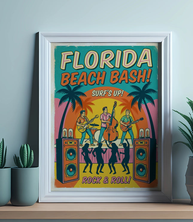 Framed poster of Florida Beach Bash concert with band and palm trees.