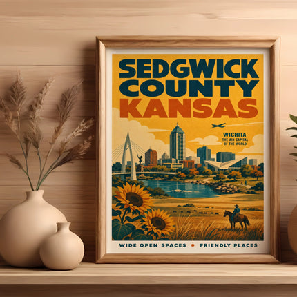 Sedgwick County Kansas poster with Wichita skyline, sunflowers, and text.