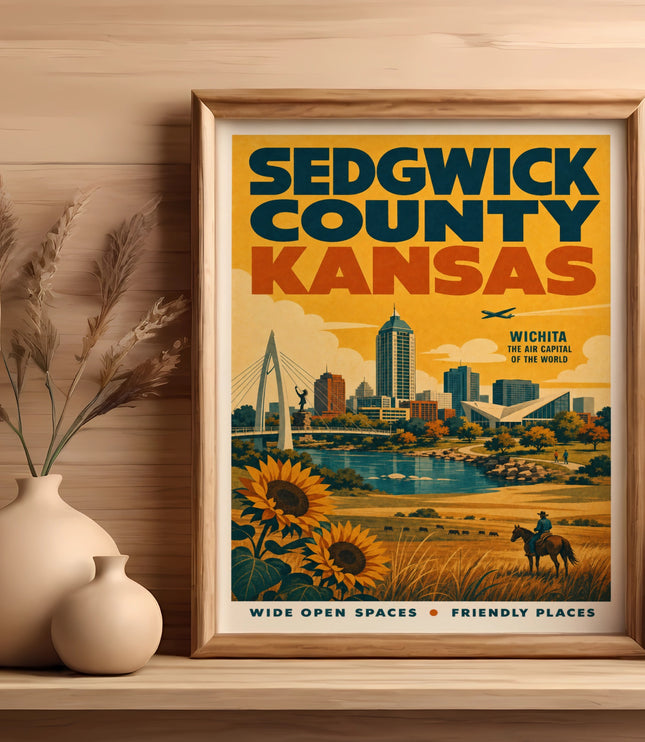 Sedgwick County Kansas poster with Wichita skyline, sunflowers, and text.