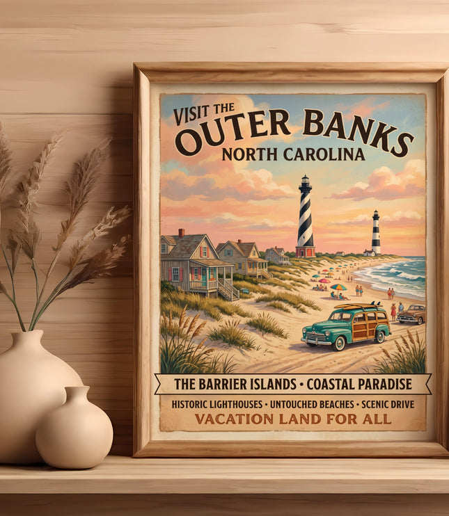 Vintage Outer Banks, North Carolina travel poster with lighthouses and beach scene.