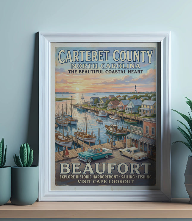 Carteret County, North Carolina cartoon depicting Beaufort harborfront with boats, cars, and buildings.
