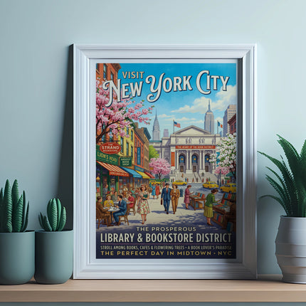 Vintage New York City poster featuring The Strand Bookstore and bustling street scene.