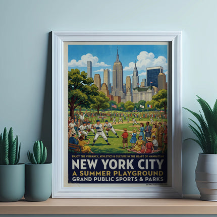 Vintage poster of New York City summer playground with skyline and sports games.