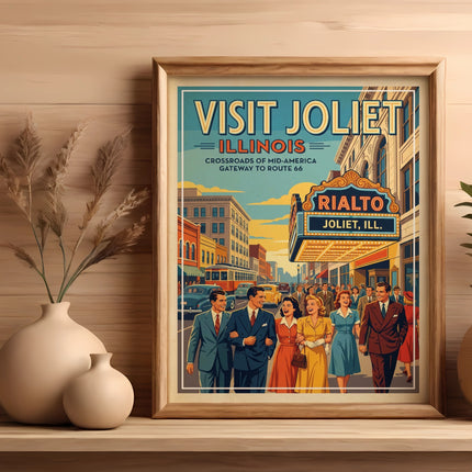 "Visit Joliet, Illinois" poster featuring people walking down a street.