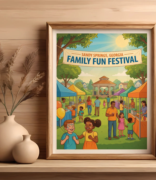Sandy Springs, Georgia Family Fun Festival poster with people at food stalls and live music.