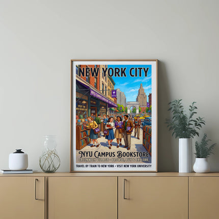Vintage travel poster for NYU Campus Bookstore in Greenwich Village.