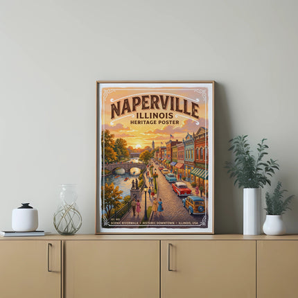 Naperville, Illinois heritage poster depicting scenic riverwalk and historic downtown.
