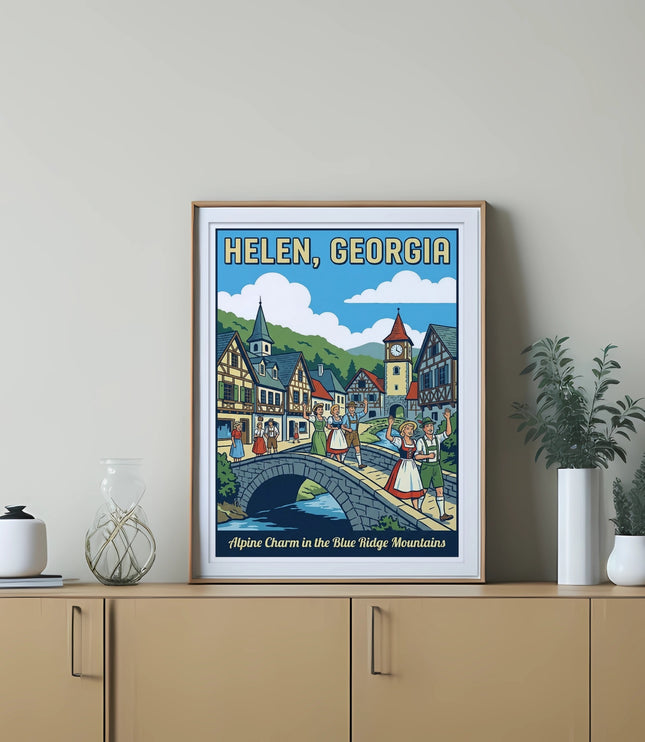 Poster of Helen, Georgia with Alpine architecture and people in traditional dress.