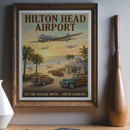 Vintage Hilton Head Airport poster with planes, beach, and woodie cars.