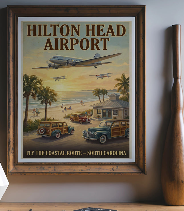 Vintage Hilton Head Airport poster with planes, beach, and woodie cars.