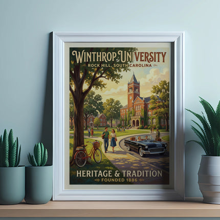 Winthrop University vintage poster with campus buildings, people, and a classic car (8-20 words)