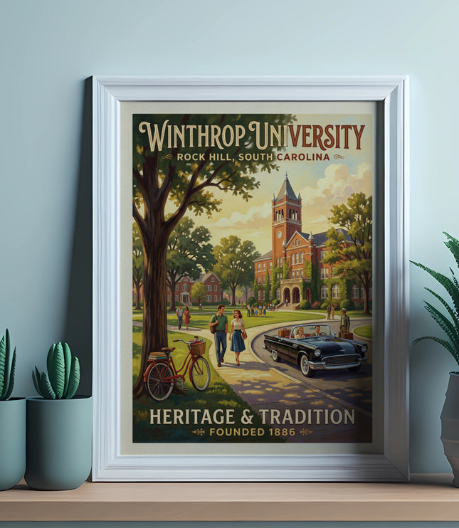 Winthrop University vintage poster with campus buildings, people, and a classic car (8-20 words)