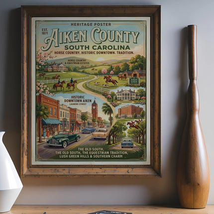 Aiken County South Carolina heritage poster depicting horse country and historic downtown.