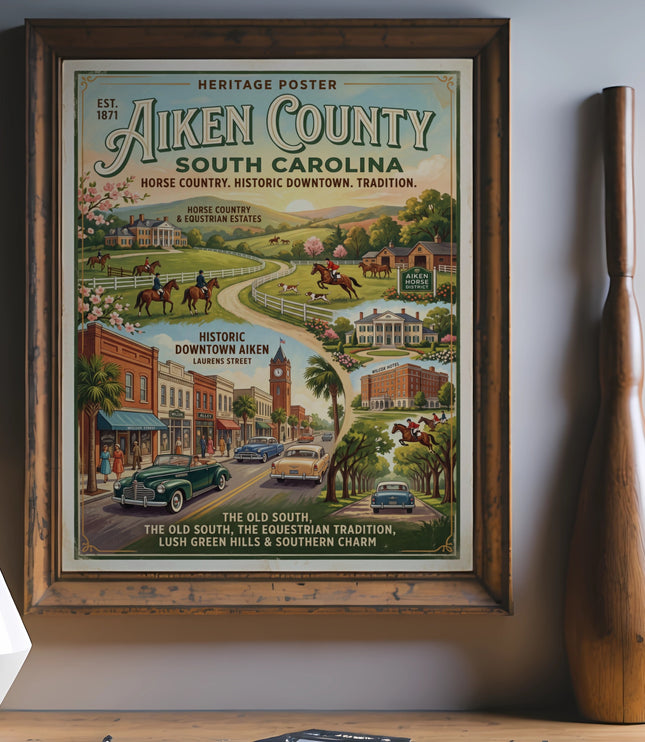 Aiken County South Carolina heritage poster depicting horse country and historic downtown.