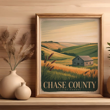 Framed artwork depicting a rustic barn and rolling hills with "CHASE COUNTY, FLINT, KANSAS" text.