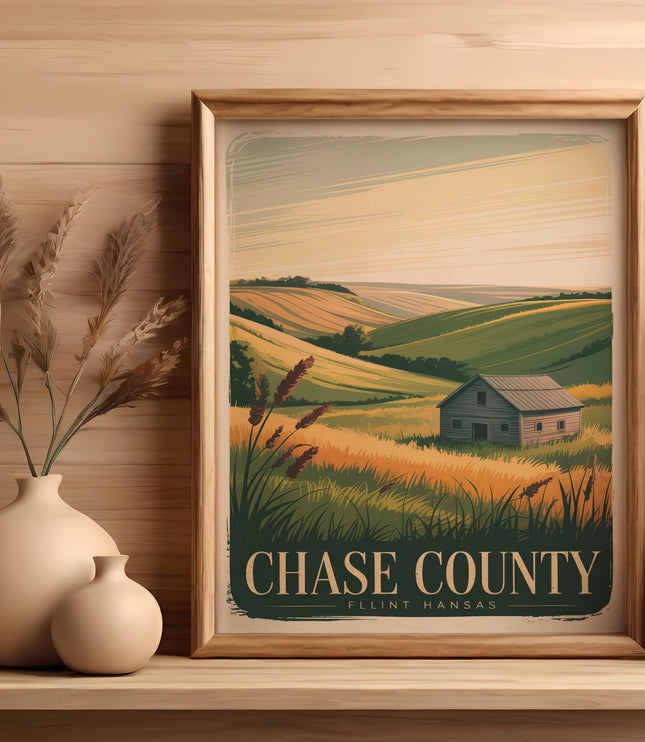 Framed artwork depicting a rustic barn and rolling hills with "CHASE COUNTY, FLINT, KANSAS" text.