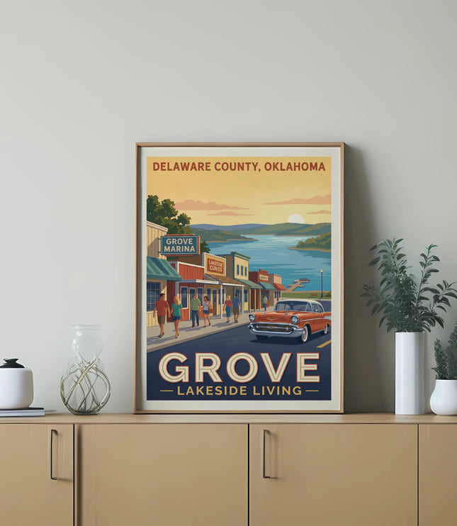 Delaware County, Oklahoma retro travel poster with waterfront scene and text Grove.