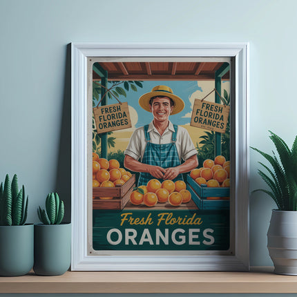 Framed illustration of a man selling fresh Florida oranges from crates.