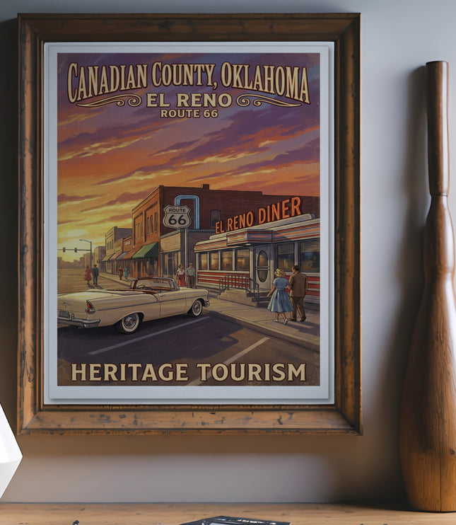 Vintage poster of El Reno, Oklahoma on Route 66 with a classic car and diner.