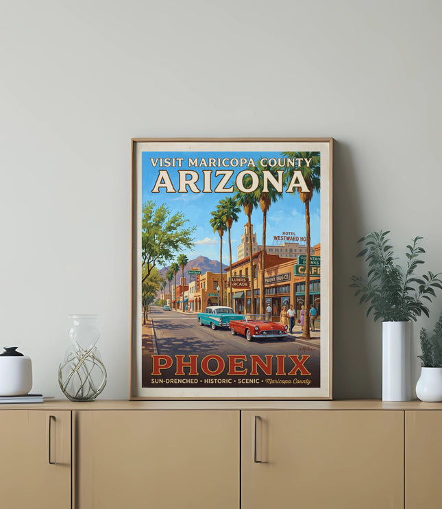 Vintage Phoenix, Arizona travel poster with classic cars and buildings.