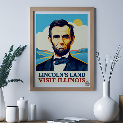 Abraham Lincoln portrait with "Lincoln's Land Visit Illinois" text.