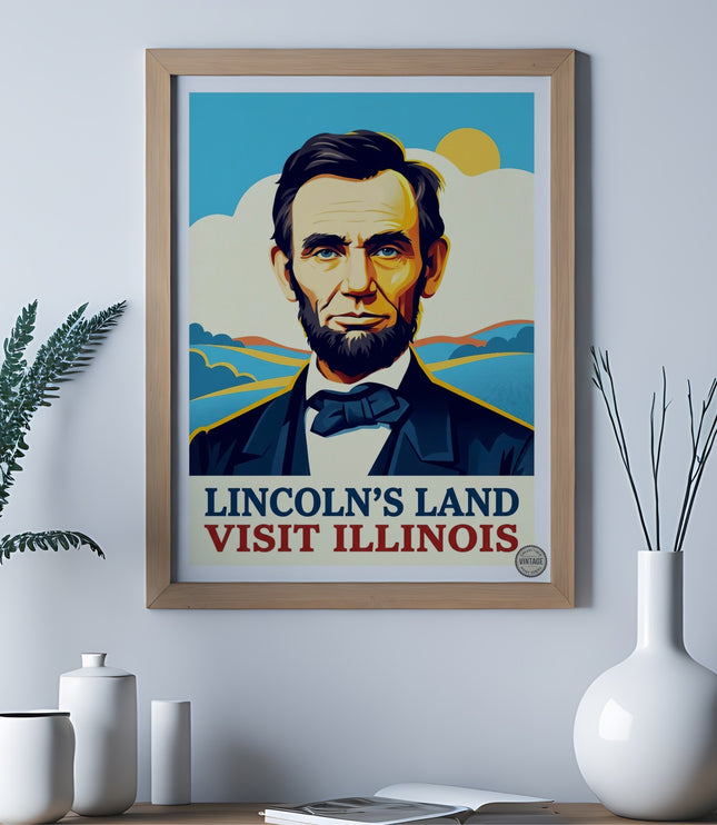 Abraham Lincoln portrait with "Lincoln's Land Visit Illinois" text.