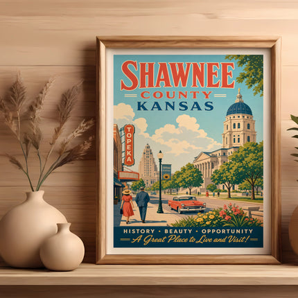 Shawnee County, Kansas vintage poster with "Topeka" and "A Great Place to Live and Visit!" text.
