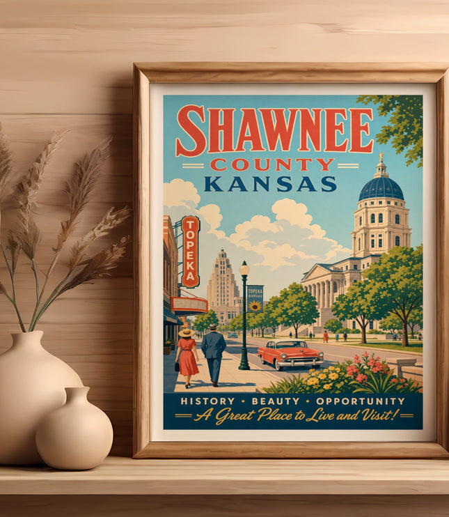 Shawnee County, Kansas vintage poster with "Topeka" and "A Great Place to Live and Visit!" text.