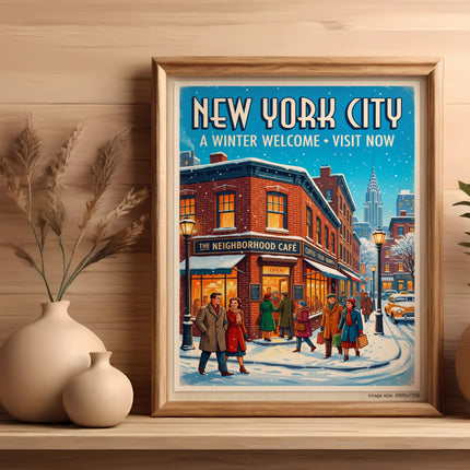 New York City winter scene with "The Neighborhood Cafe" and people.